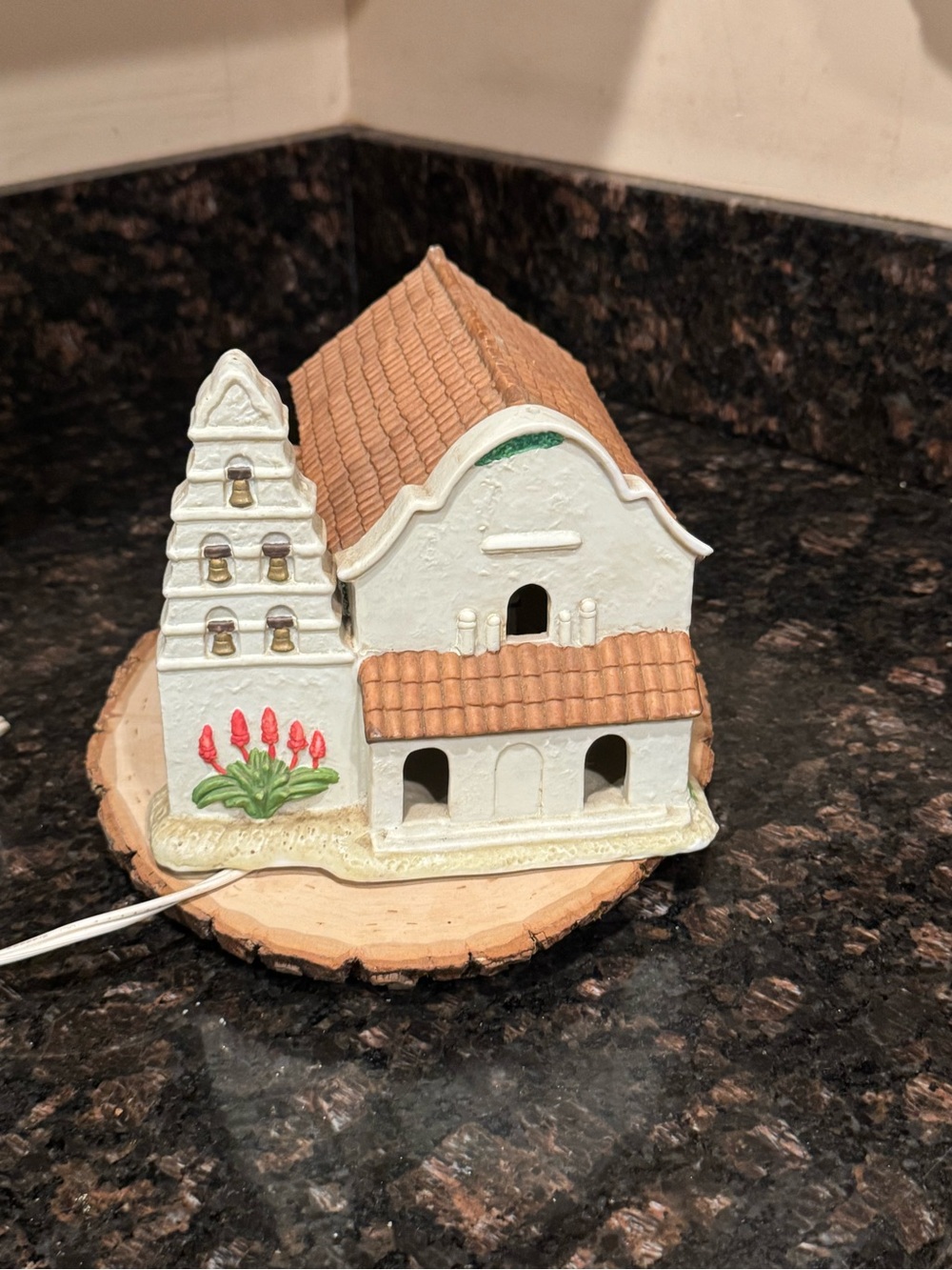Ceramic Mission-Style Decorative House Figurine - White & Terracotta